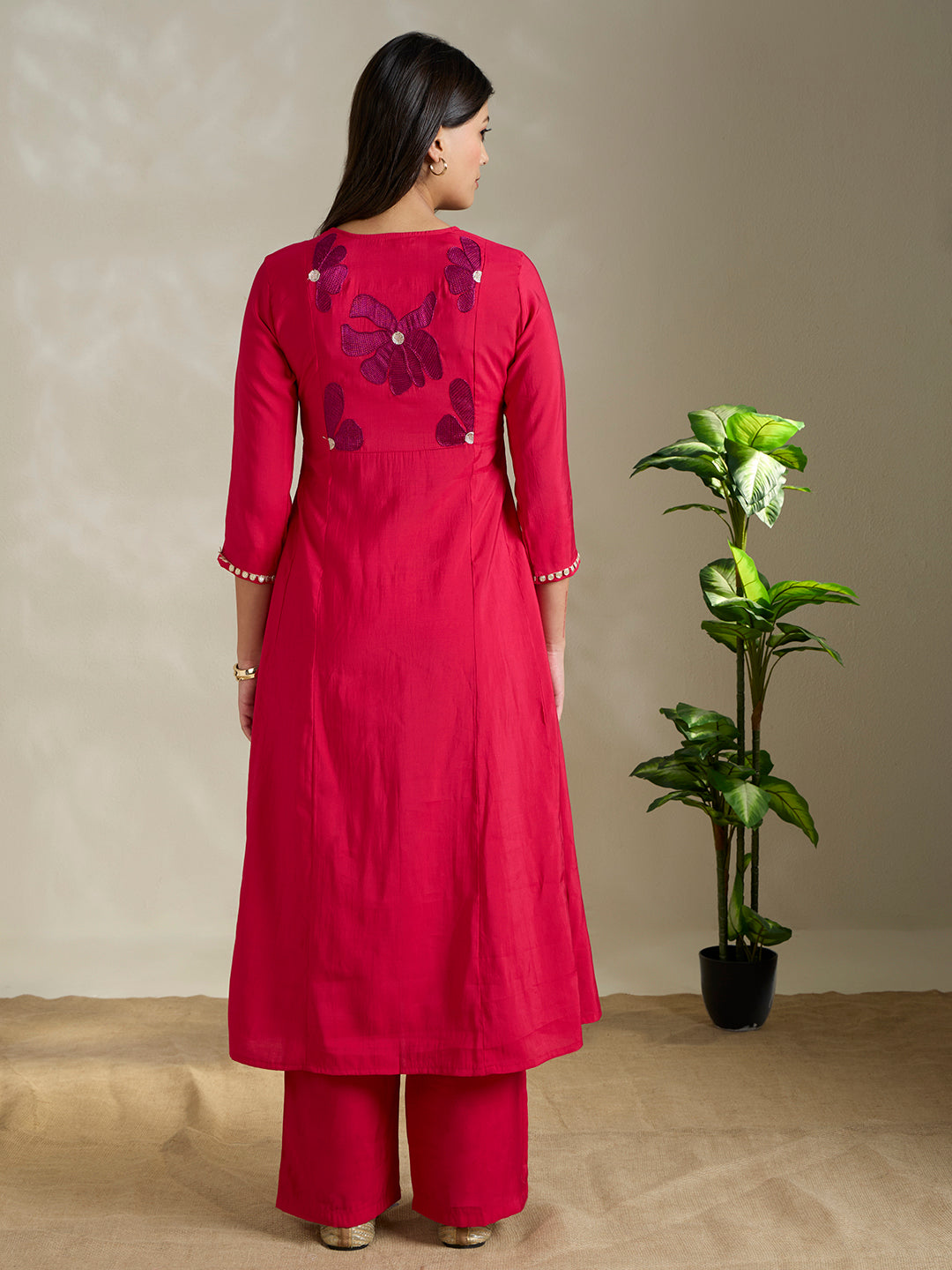 Solid Floral Embroidered A-Line Pleated Co-ord Set - Pink