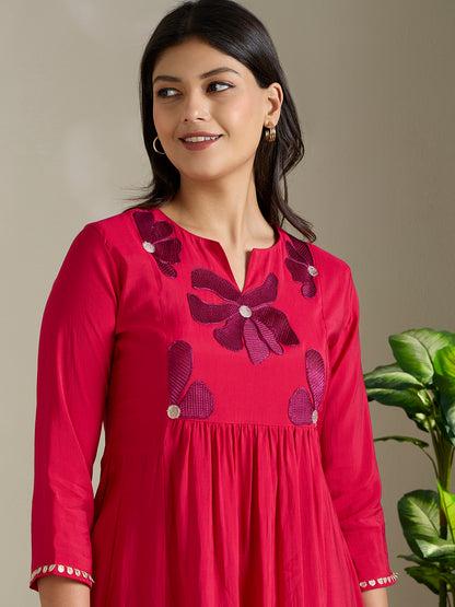 Solid Floral Embroidered A-Line Pleated Co-ord Set - Pink