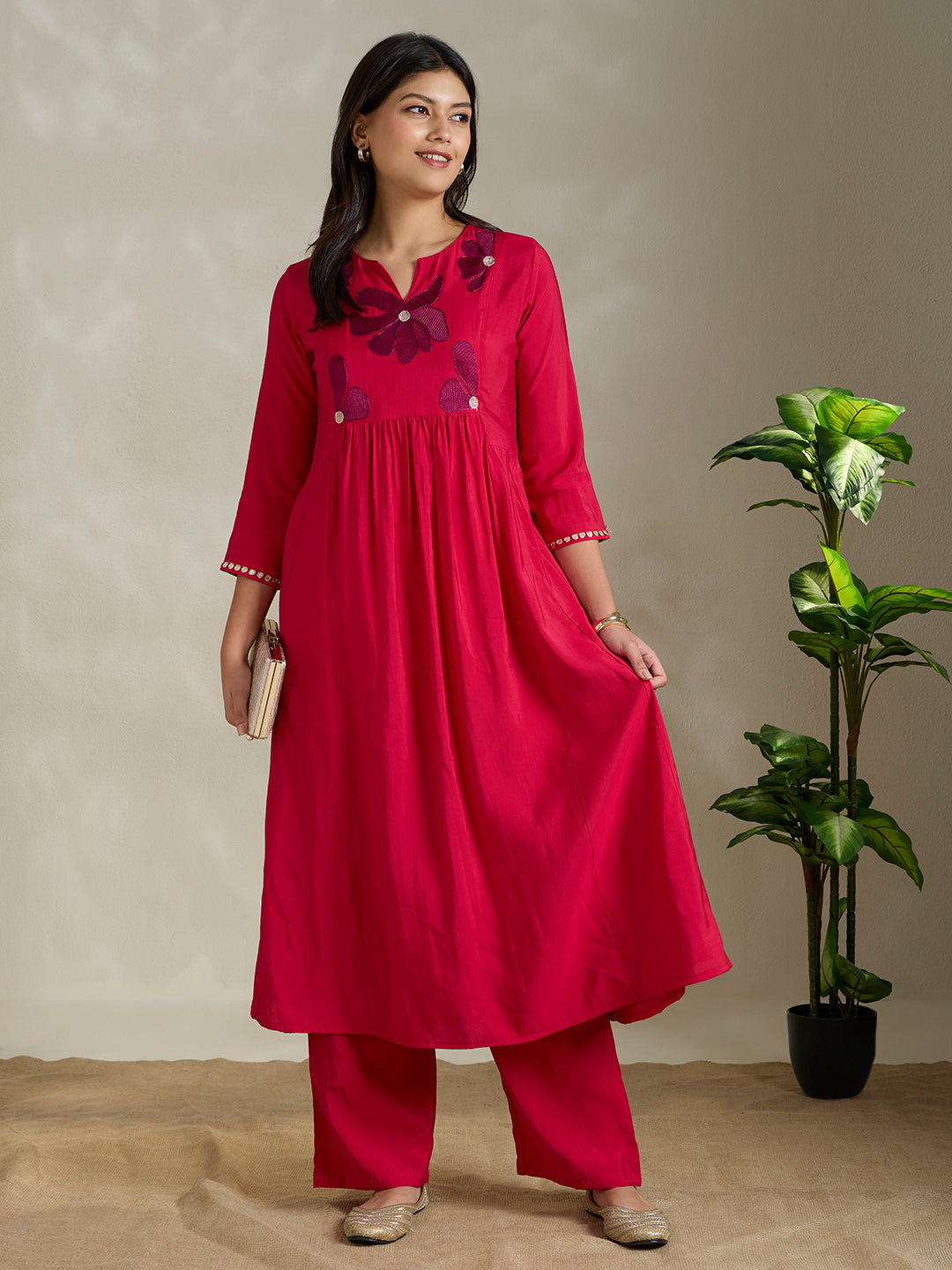 Solid Floral Embroidered A-Line Pleated Co-ord Set - Pink