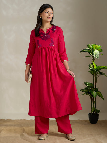 Solid Floral Embroidered A-Line Pleated Co-ord Set - Pink