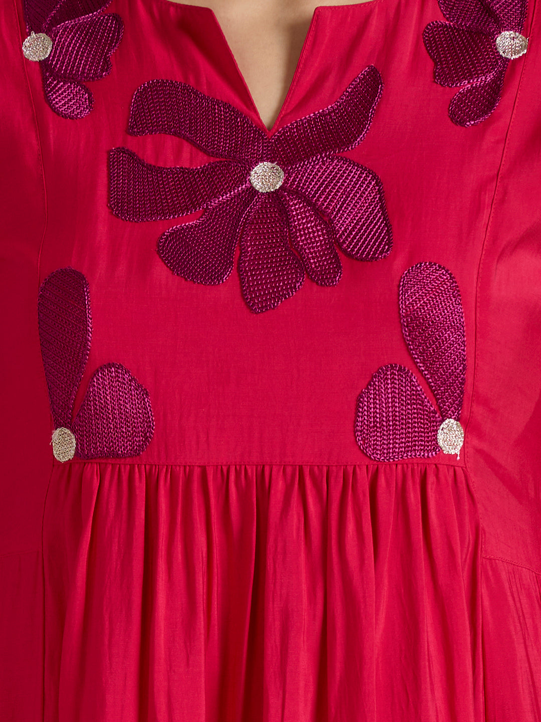 Solid Floral Embroidered A-Line Pleated Co-ord Set - Pink