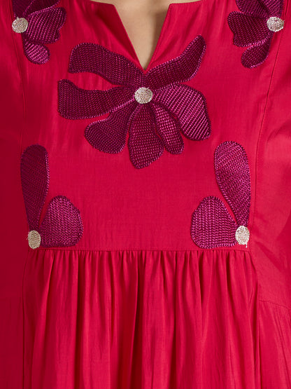 Solid Floral Embroidered A-Line Pleated Co-ord Set - Pink