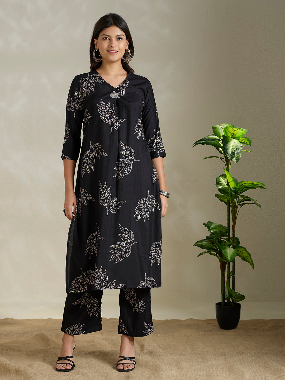 Floral Foil & Printed A-Line Co-ord Set - Black