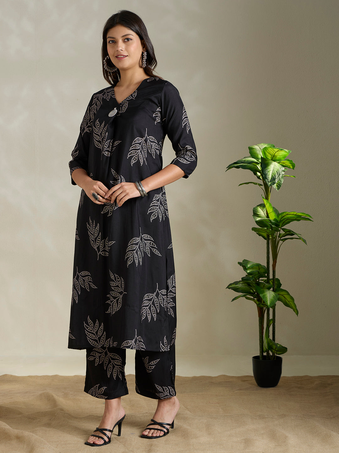 Floral Foil & Printed A-Line Co-ord Set - Black