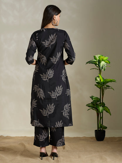 Floral Foil & Printed A-Line Co-ord Set - Black