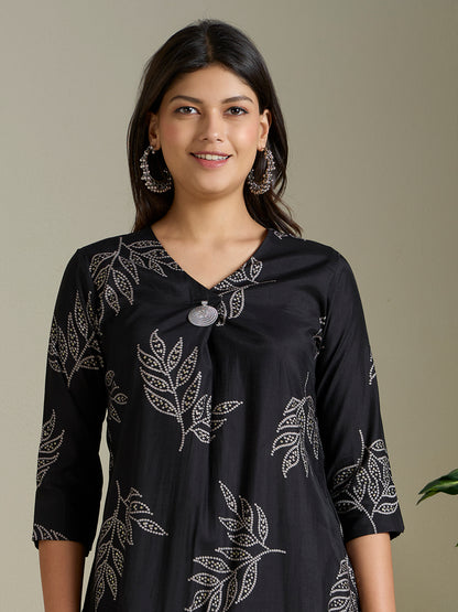 Floral Foil & Printed A-Line Co-ord Set - Black