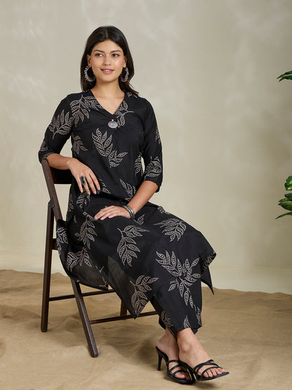 Floral Foil & Printed A-Line Co-ord Set - Black