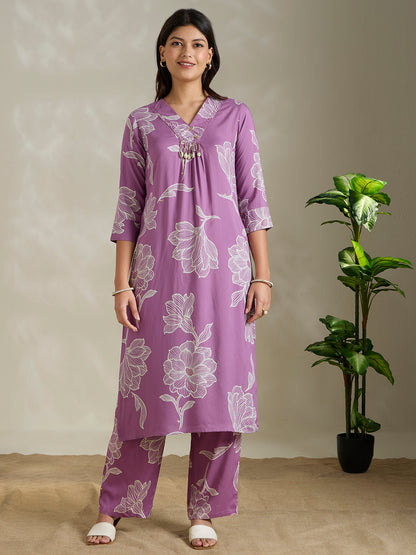 Abstract Floral Printed Straight Fit Co-ord Set - Purple
