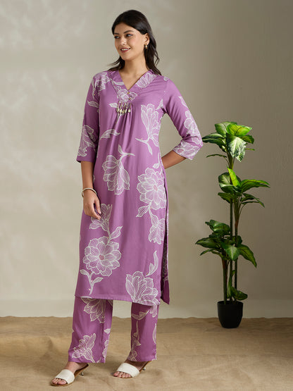 Abstract Floral Printed Straight Fit Co-ord Set - Purple