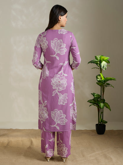 Abstract Floral Printed Straight Fit Co-ord Set - Purple