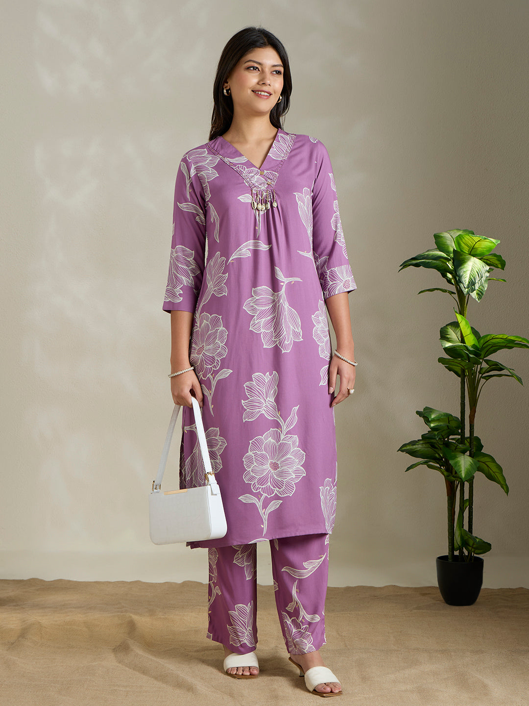 Abstract Floral Printed Straight Fit Co-ord Set - Purple