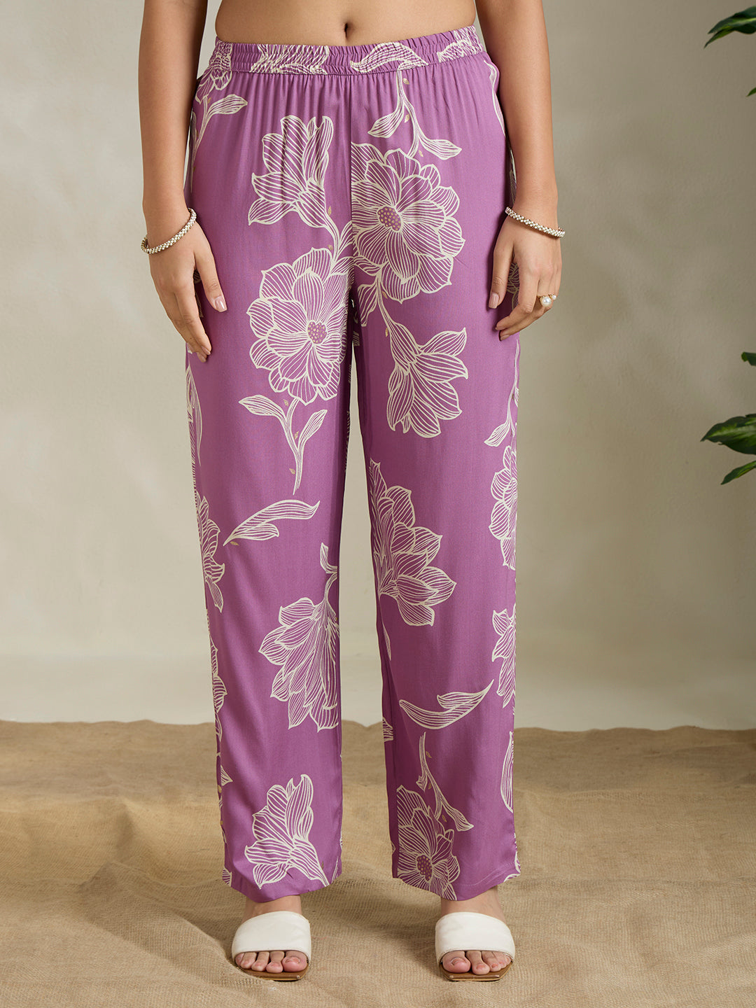 Abstract Floral Printed Straight Fit Co-ord Set - Purple