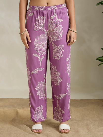 Abstract Floral Printed Straight Fit Co-ord Set - Purple