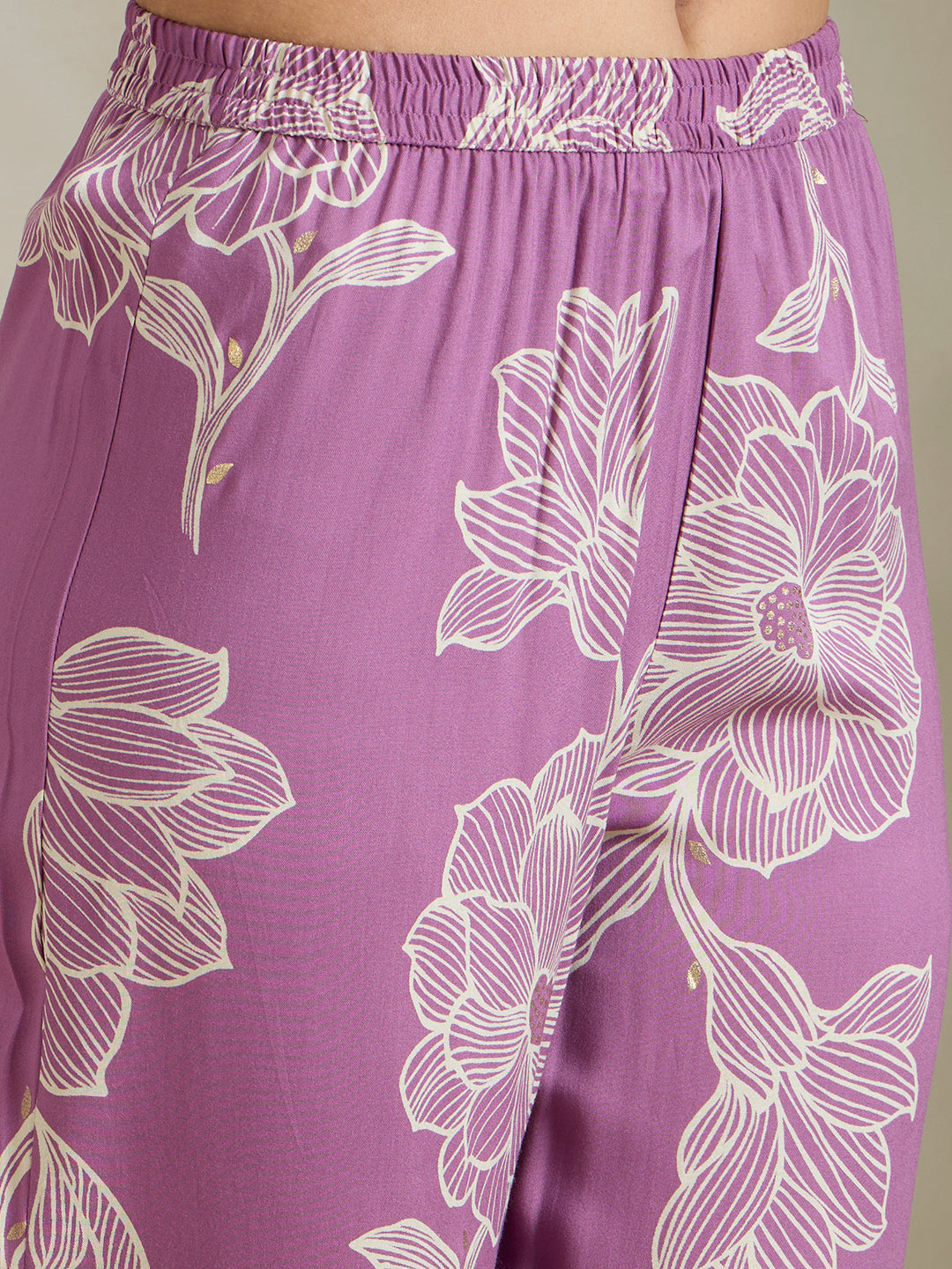 Abstract Floral Printed Straight Fit Co-ord Set - Purple