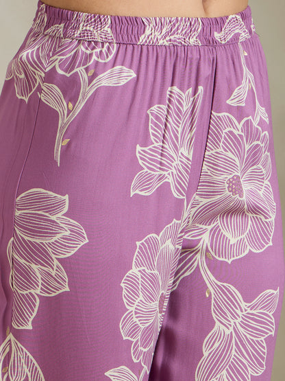 Abstract Floral Printed Straight Fit Co-ord Set - Purple