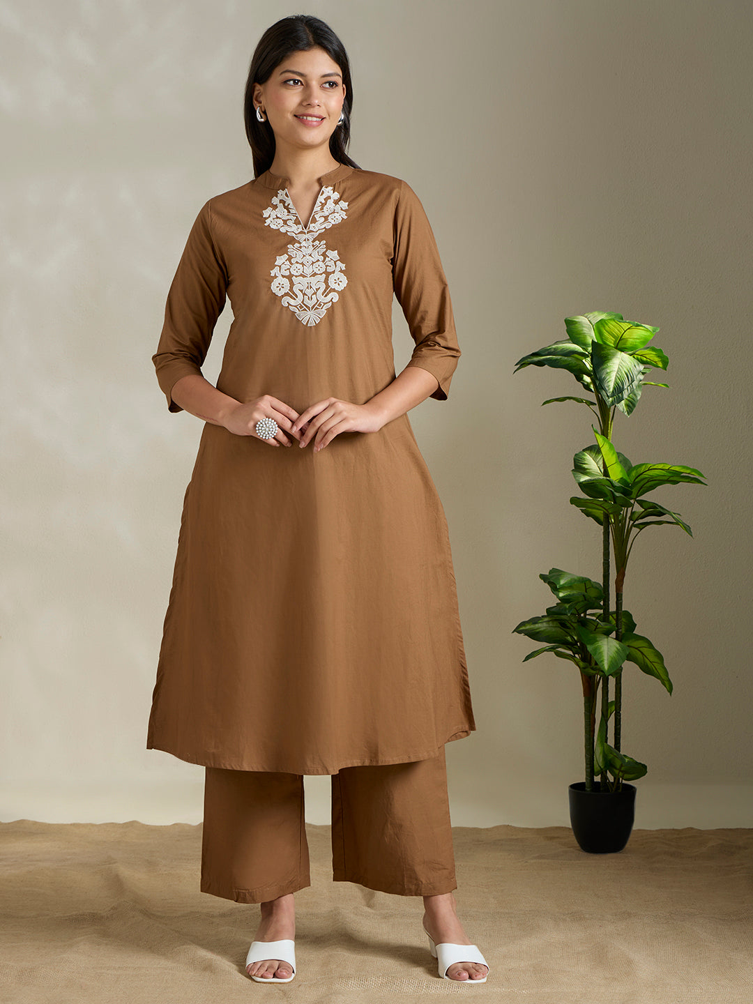 Solid Ethnic Threadwork Embroidered A-Line Co-ord Set - Brown
