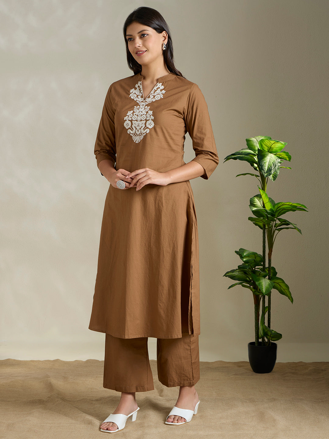Solid Ethnic Threadwork Embroidered A-Line Co-ord Set - Brown