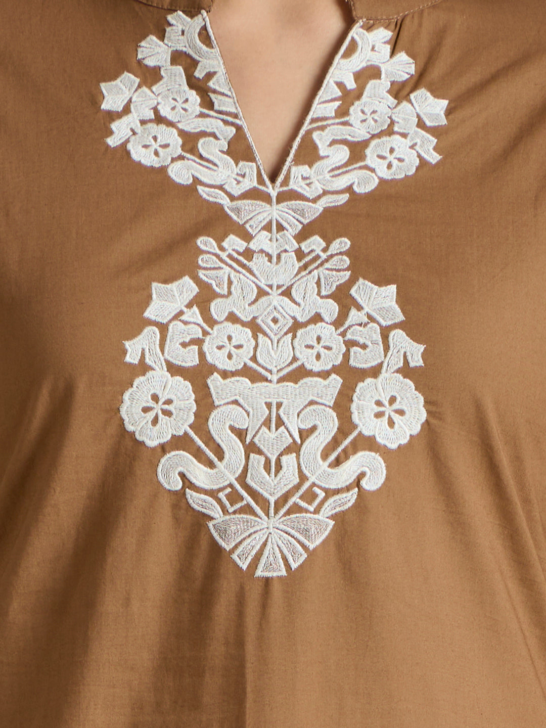 Solid Ethnic Threadwork Embroidered A-Line Co-ord Set - Brown