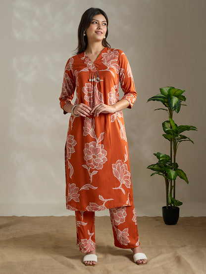 Abstract Floral Printed Straight Fit Co-ord Set - Orange