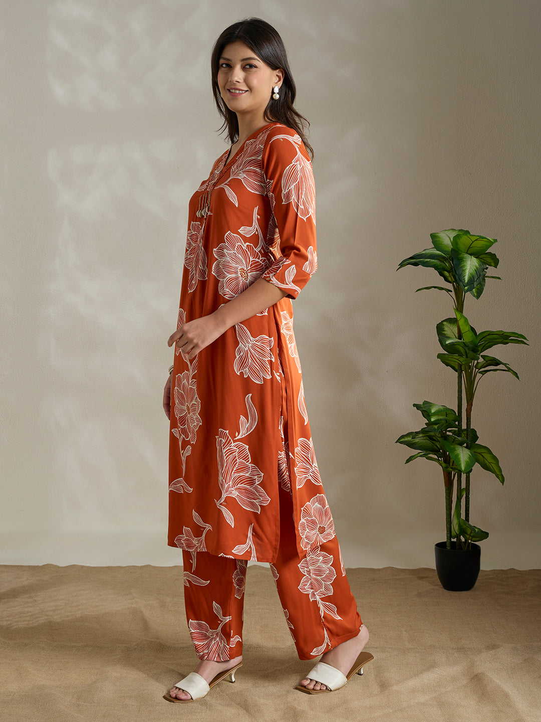 Abstract Floral Printed Straight Fit Co-ord Set - Orange