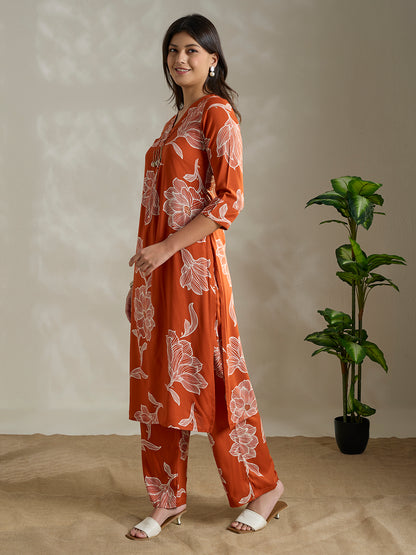 Abstract Floral Printed Straight Fit Co-ord Set - Orange