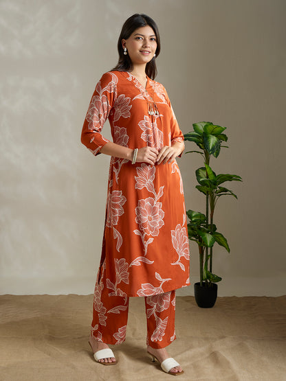 Abstract Floral Printed Straight Fit Co-ord Set - Orange