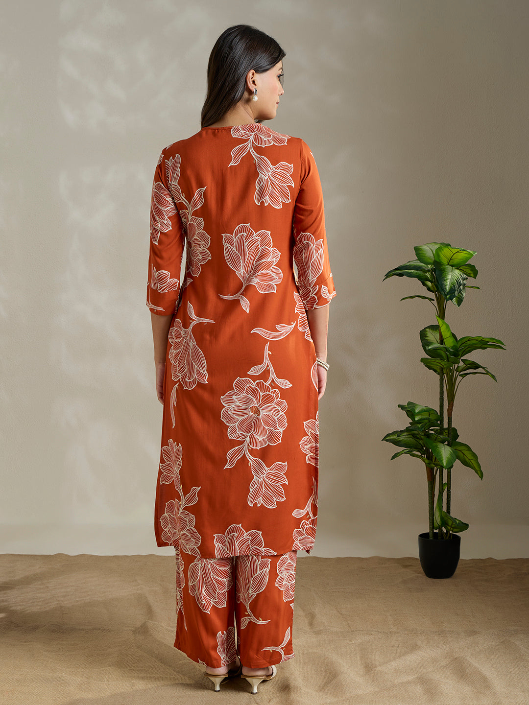 Abstract Floral Printed Straight Fit Co-ord Set - Orange