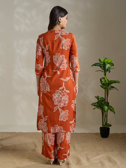 Abstract Floral Printed Straight Fit Co-ord Set - Orange