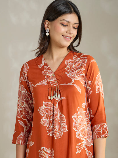 Abstract Floral Printed Straight Fit Co-ord Set - Orange