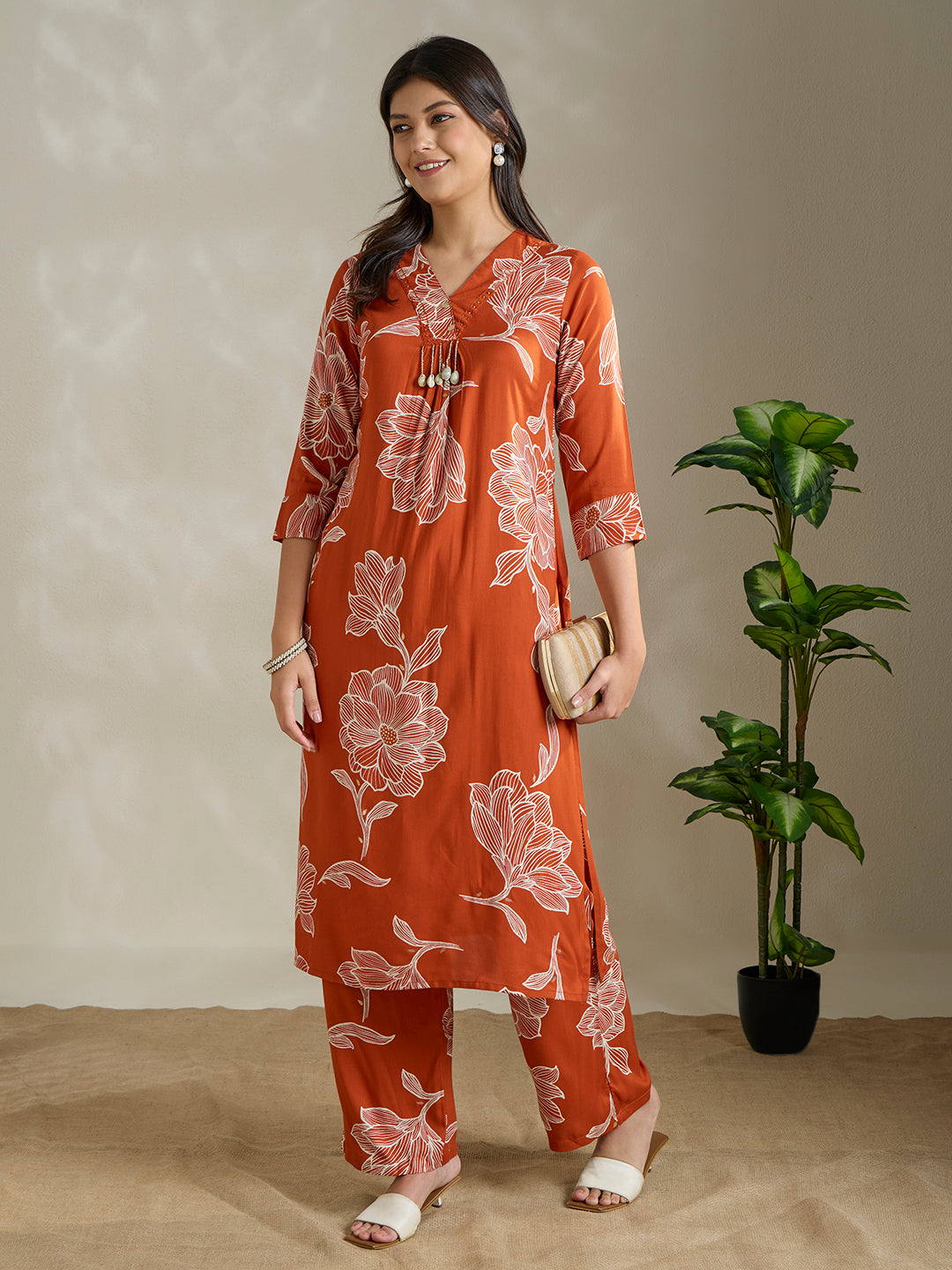 Abstract Floral Printed Straight Fit Co-ord Set - Orange