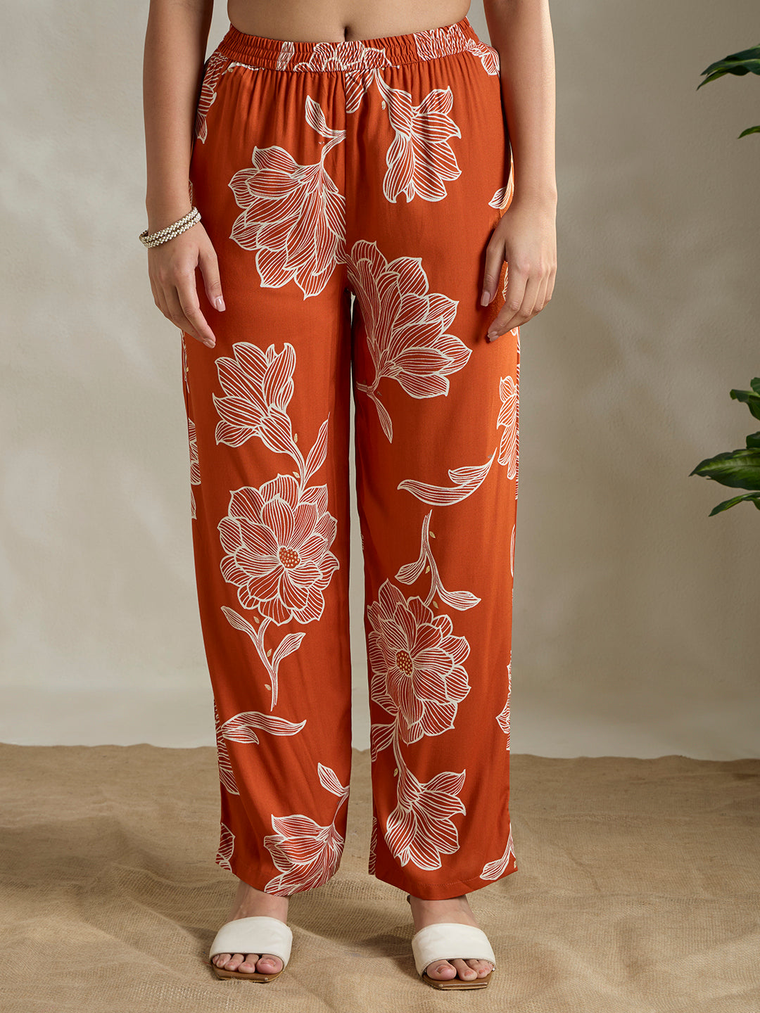 Abstract Floral Printed Straight Fit Co-ord Set - Orange