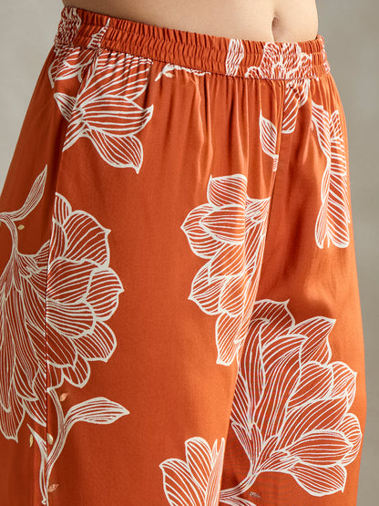 Abstract Floral Printed Straight Fit Co-ord Set - Orange