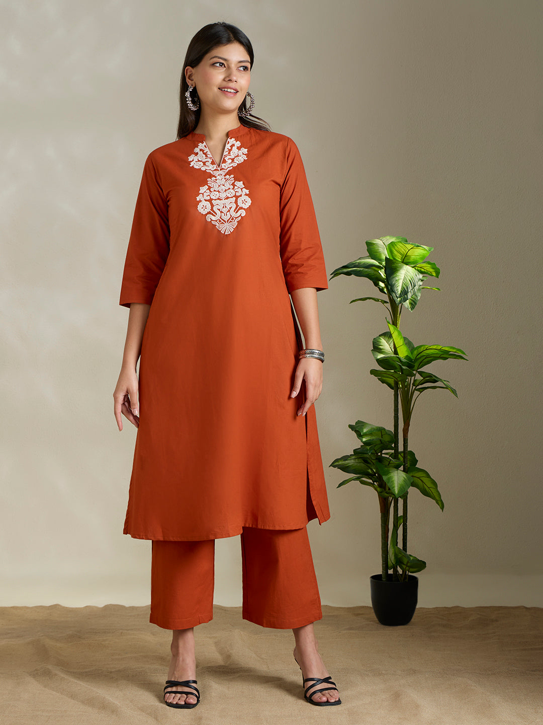 Solid Ethnic Threadwork Embroidered A-Line Co-ord Set - Rust