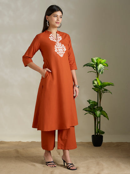 Solid Ethnic Threadwork Embroidered A-Line Co-ord Set - Rust