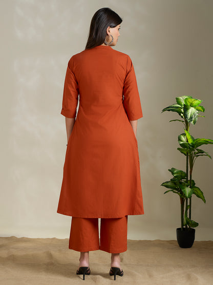 Solid Ethnic Threadwork Embroidered A-Line Co-ord Set - Rust