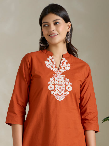 Solid Ethnic Threadwork Embroidered A-Line Co-ord Set - Rust