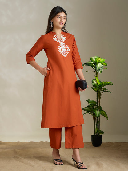 Solid Ethnic Threadwork Embroidered A-Line Co-ord Set - Rust