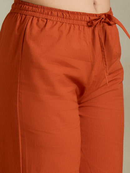 Solid Ethnic Threadwork Embroidered A-Line Co-ord Set - Rust