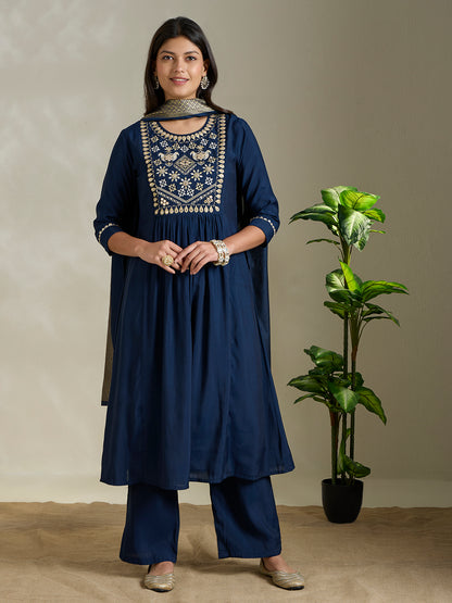 Solid Ethnic Embroidered A-Line Pleated Kurta with Palazzo and Dupatta - Blue