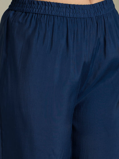 Solid Ethnic Embroidered A-Line Pleated Kurta with Palazzo and Dupatta - Blue