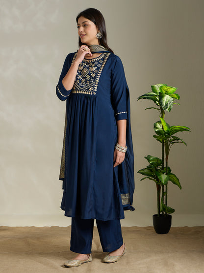Solid Ethnic Embroidered A-Line Pleated Kurta with Palazzo and Dupatta - Blue