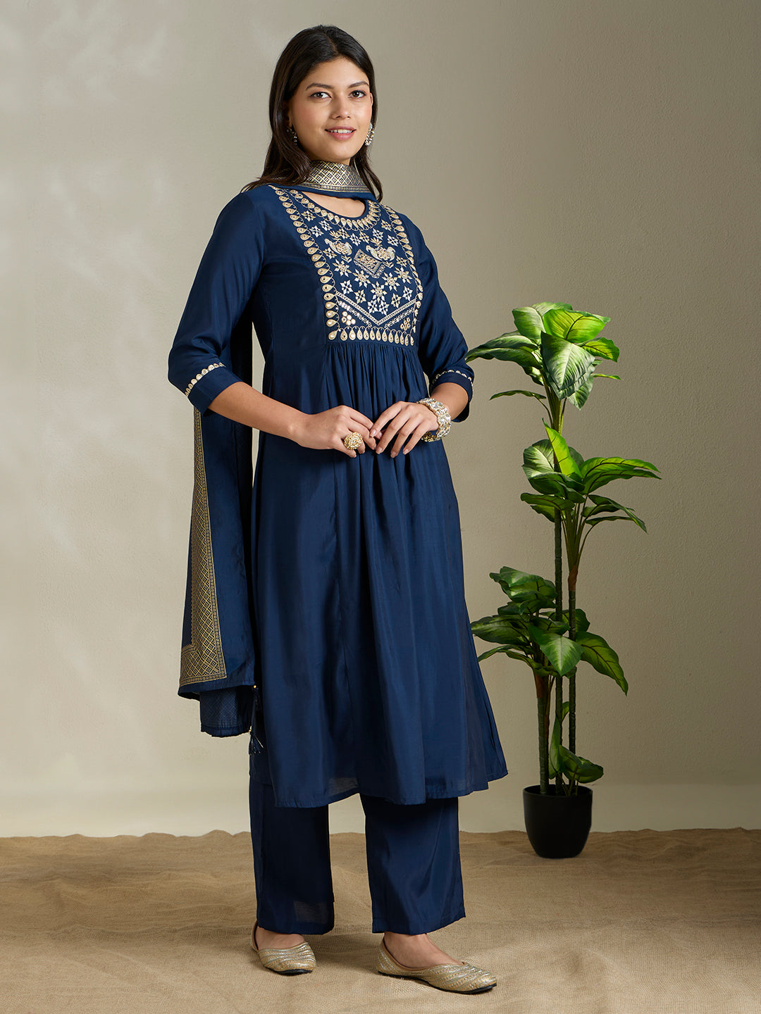 Solid Ethnic Embroidered A-Line Pleated Kurta with Palazzo and Dupatta - Blue