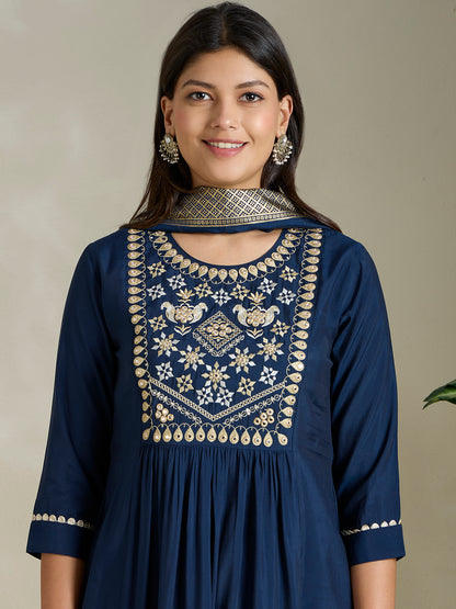 Solid Ethnic Embroidered A-Line Pleated Kurta with Palazzo and Dupatta - Blue