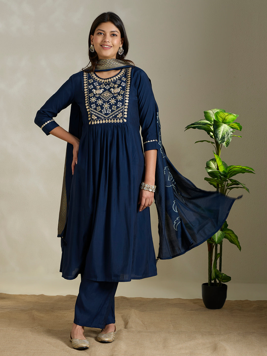 Solid Ethnic Embroidered A-Line Pleated Kurta with Palazzo and Dupatta - Blue
