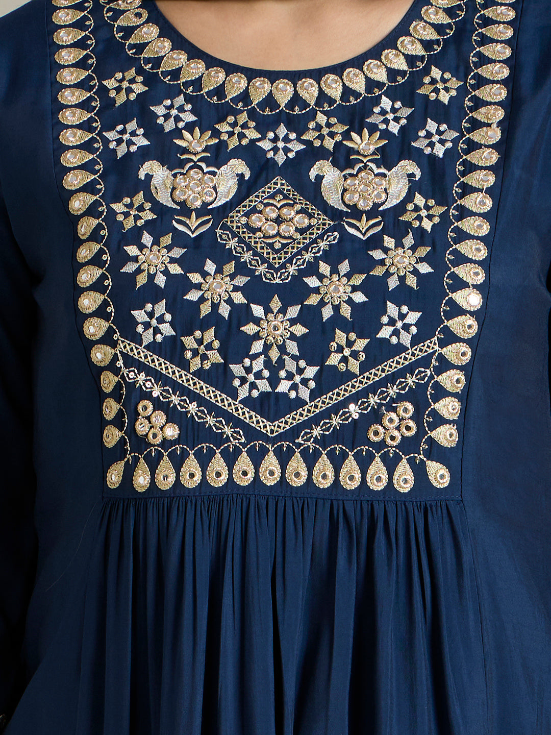 Solid Ethnic Embroidered A-Line Pleated Kurta with Palazzo and Dupatta - Blue