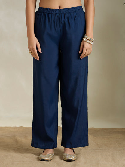 Solid Ethnic Embroidered A-Line Pleated Kurta with Palazzo and Dupatta - Blue