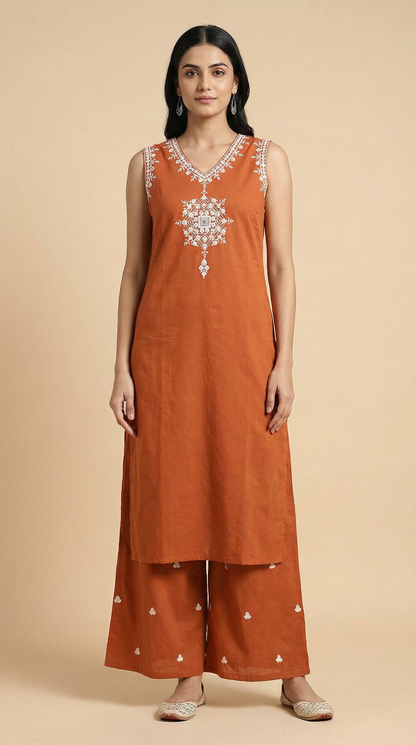 Floral Mirror & Threadwork Embroidered Straight Co-ord Set - Rust