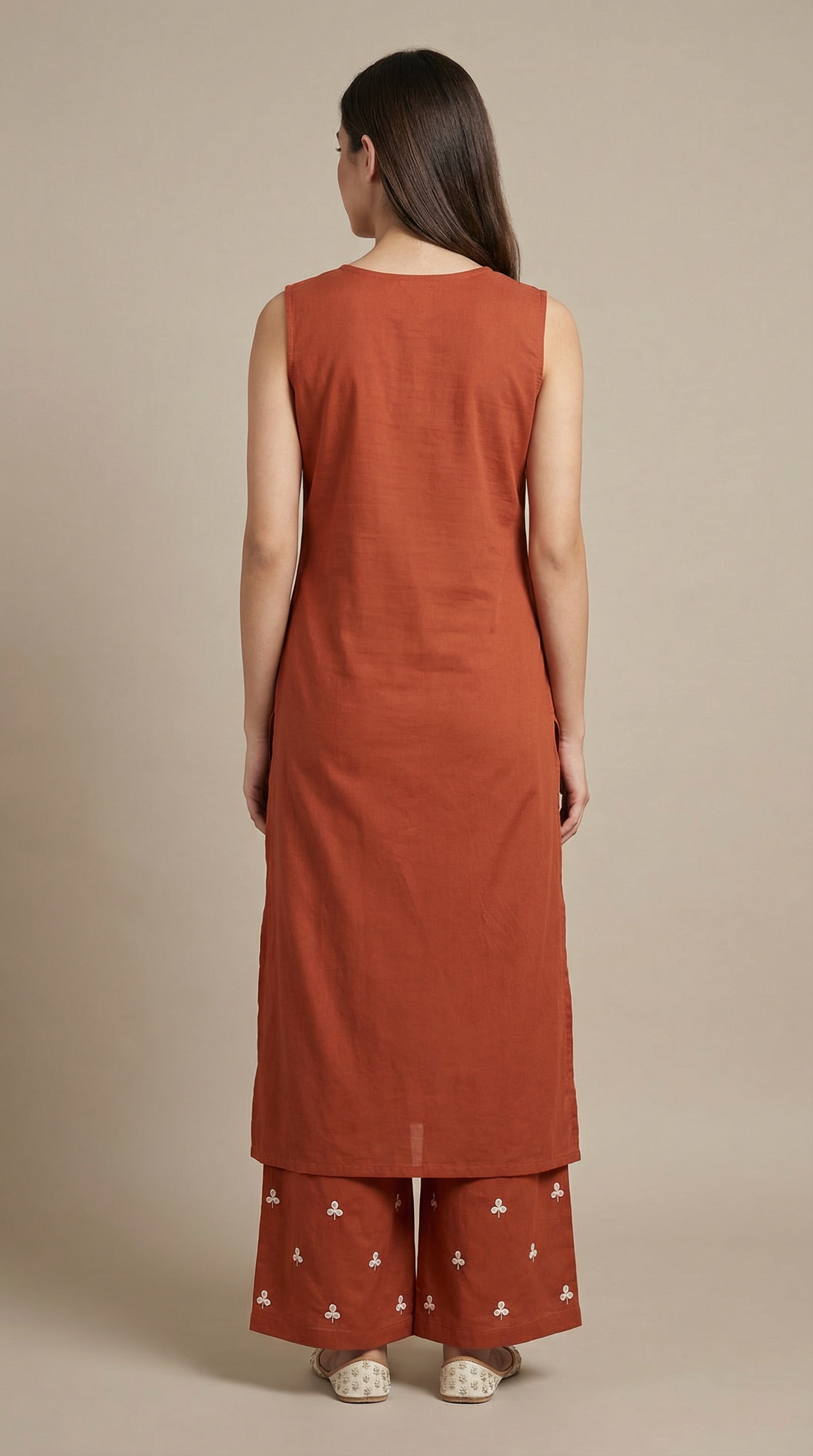 Floral Mirror & Threadwork Embroidered Straight Co-ord Set - Rust