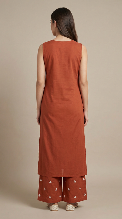 Floral Mirror & Threadwork Embroidered Straight Co-ord Set - Rust