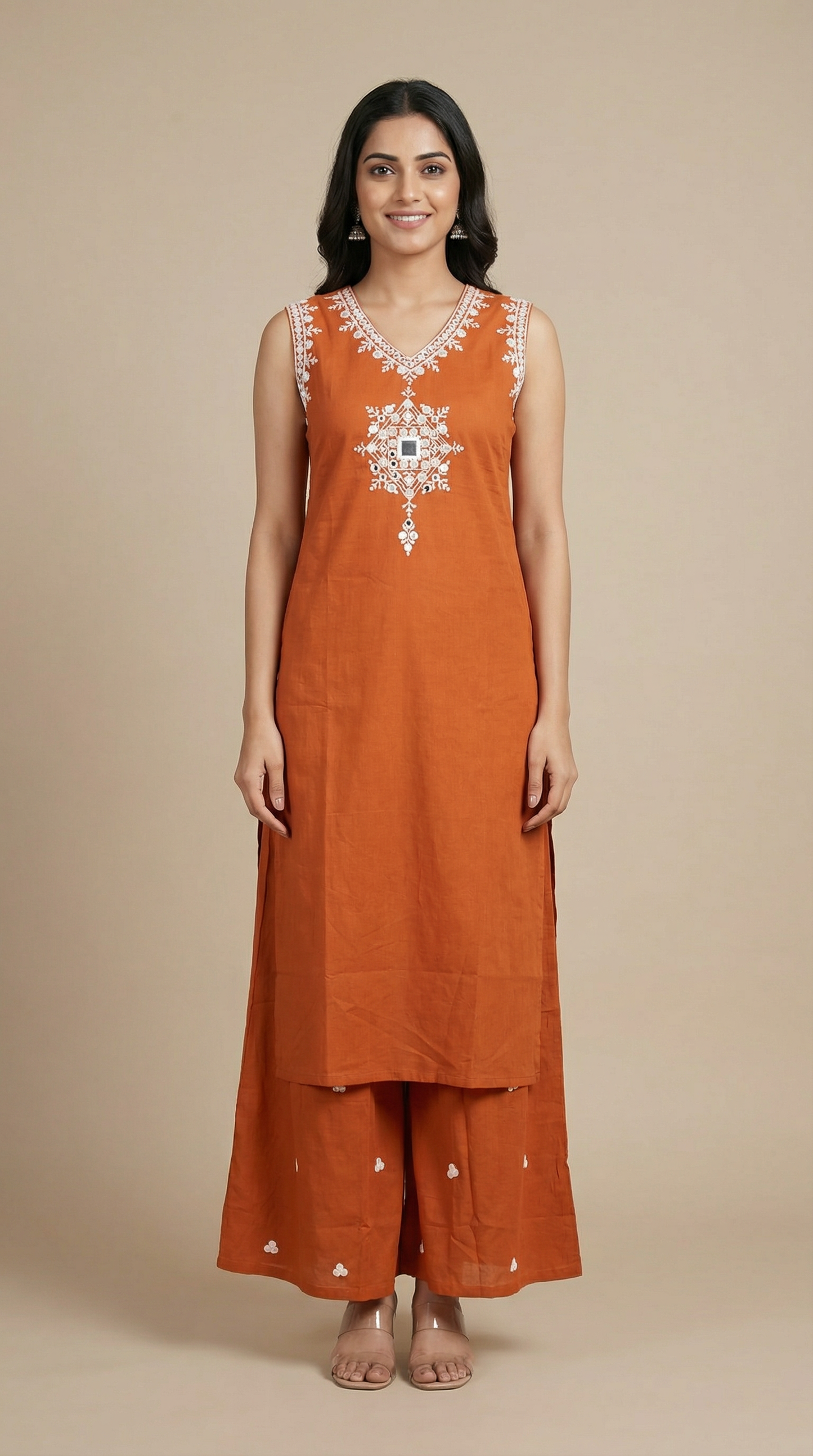 Floral Mirror & Threadwork Embroidered Straight Co-ord Set - Rust